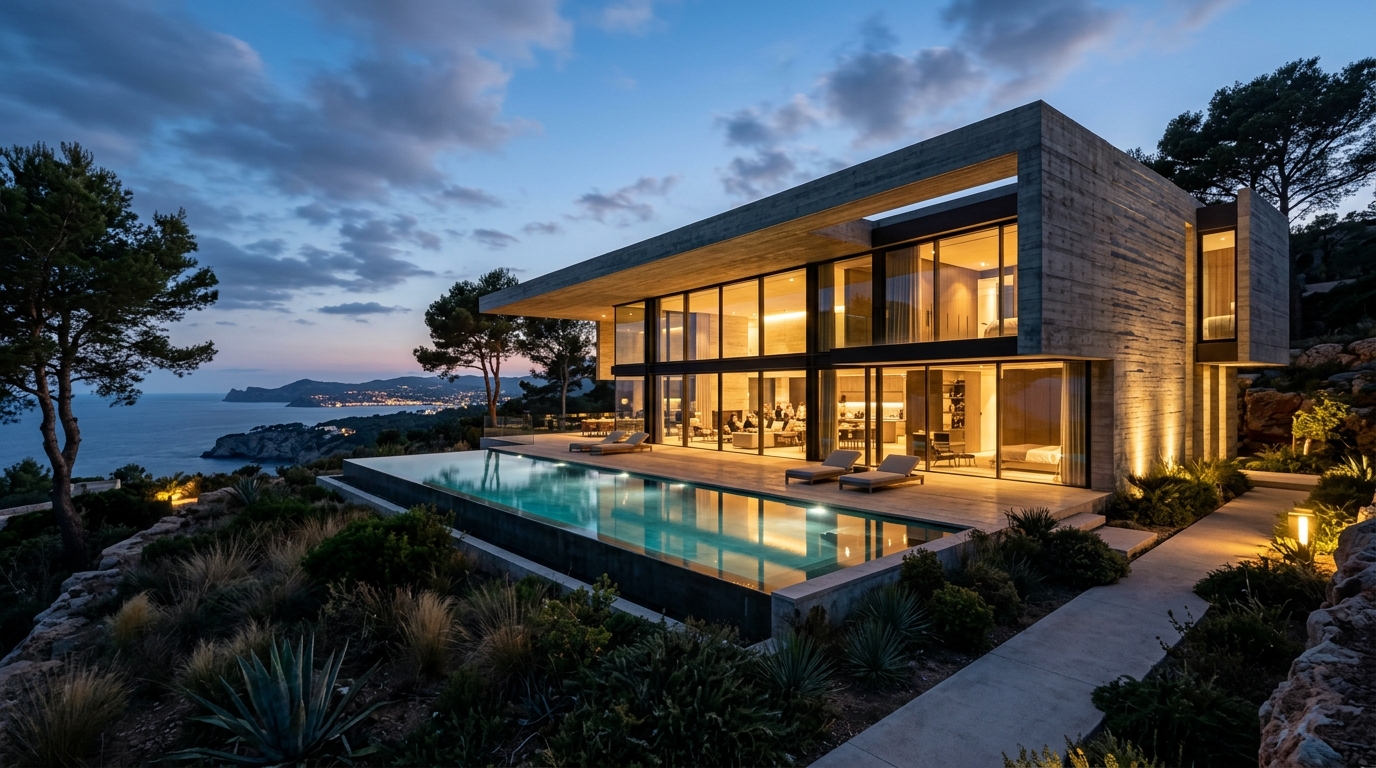 Residencia Escultural en Hormigón Visto al Atardecer